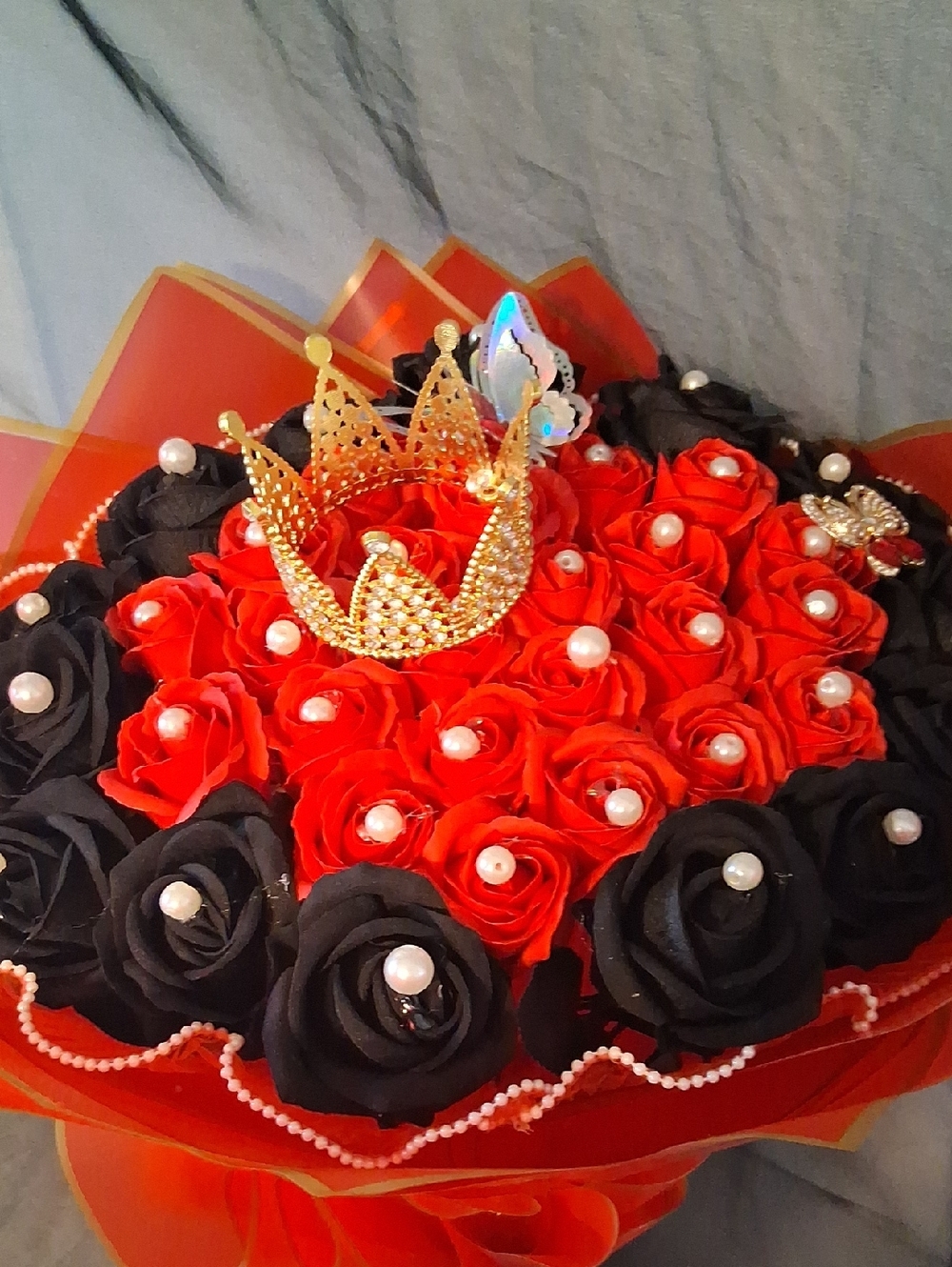 Elegant Red Soap Flowers and Black Faux Rose Bouquet with Pearls and Gold Crown